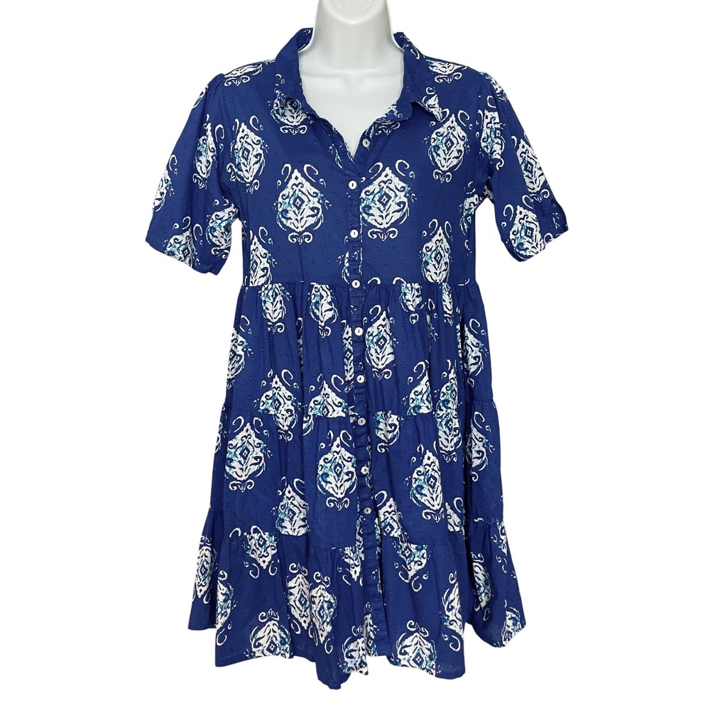 Tiered Tunic Top Blouse‎ Short Sleeve Blue Button-Up Collared Boho Lightweight